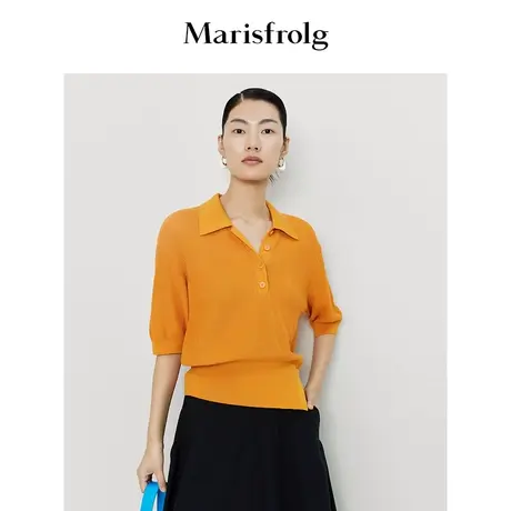 【能量色彩】玛丝菲尔时尚气质翻领焦糖橘色系半袖合身版针织衫女图片