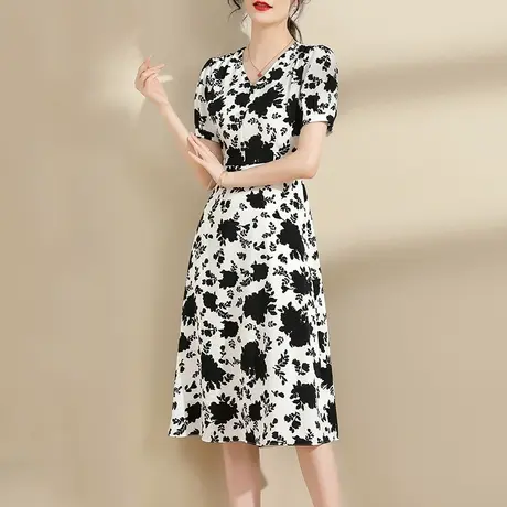 水墨青华轻奢时尚连衣裙女中长款2024新款夏季收腰雪纺印花裙商品大图