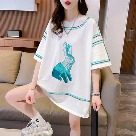 小众设计感短袖t恤女夏季韩版宽松大码女装中长款小个子涂鸦上衣商品大图