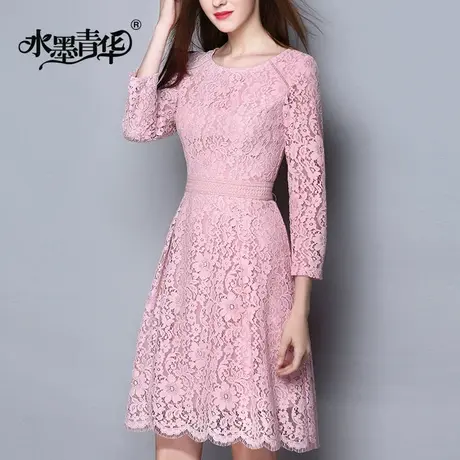 【1件7.9折】秋夏款新品时尚简约修身镂空蕾丝连衣裙图片