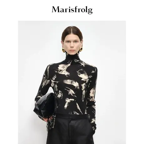 【商场同款】玛丝菲尔2023年秋季新款绵羊毛海鸥印花高领打底衫商品大图