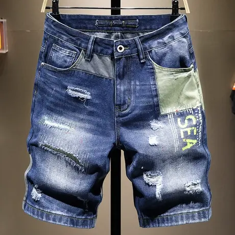 夏季薄款潮牌破洞牛仔短裤男宽松韩版潮流时尚五分裤男中裤子男潮商品大图