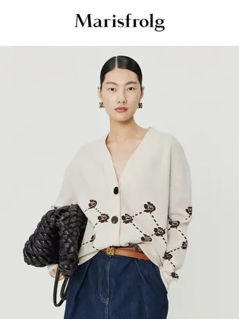 【言选好物】玛丝菲尔菱形格毛衣春季新款三色堇羊毛v领针织开衫图片