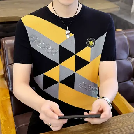 短袖t恤设计感男潮牌烫钻格纹拼色刺绣夏装衣服半袖冰丝高端体恤商品大图