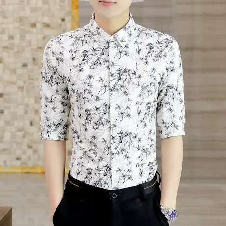 夏季冰丝薄款花衬衣男士七分中袖高级感潮流免烫痞帅五分短袖衬衣商品大图