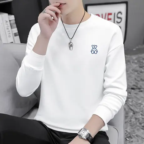 白色卫衣男宽松潮流百搭小熊印花秋季上衣服加绒套头无帽长袖t恤商品大图