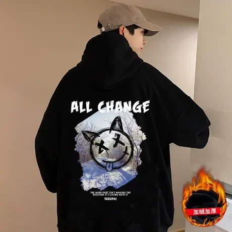 连帽加厚加绒卫衣男春秋季恶魔印花2024新款套头韩版潮流宽松外套图片