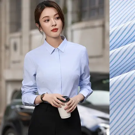 策蔓条纹衬衫女修身职业装工装商务衬衣银行长袖工作服上衣春秋季商品大图
