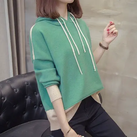 清仓！连帽针织衫2025新款拼色上衣秋冬毛衣宽松慵懒女外搭帽子衫商品大图