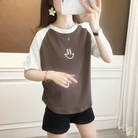 正肩短袖t恤女2023新款夏季宽松大码学生半袖上衣ins港风圆领体恤商品大图