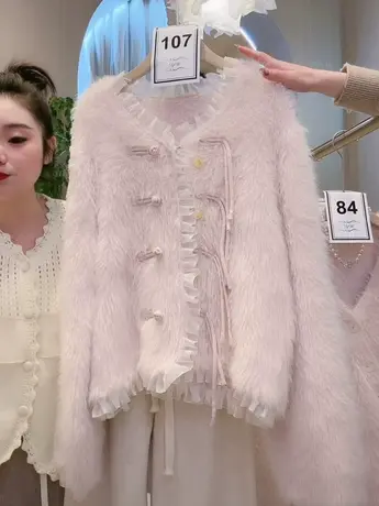 甜美木耳边毛毛外套女韩系气质时尚盘扣百搭慵懒仙女针织开衫上衣商品大图