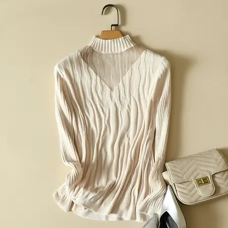 春装新款天鹅绒蕾丝半高领套头针织衫纯色内搭修身打底衫弹力毛衣商品大图