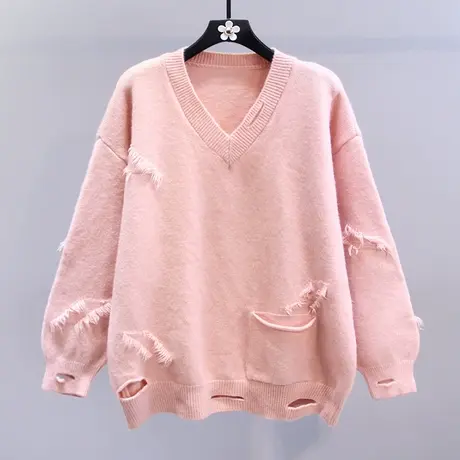 秋冬外穿设计感破洞V领毛衣女2023新款宽松慵懒风时尚洋气针织衫商品大图