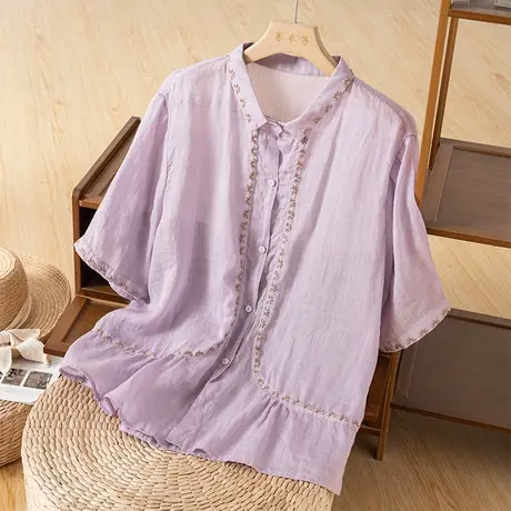 享永子短袖苎麻衬衫女文艺复古棉麻上衣宽松百搭气质2024夏季新款商品大图