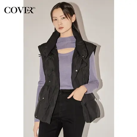 COVER冬季收腰打褶牛角扣白鸭绒羽绒马甲图片