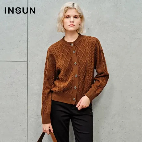 INSUN恩裳线上专选秋季坑条肌理羊毛混纺针织开衫商品大图