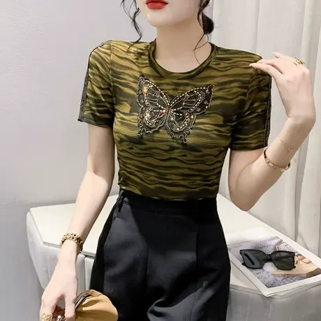 女装2024新款时尚印花T恤短袖网纱拼接小衫洋气性感镂空修身上衣商品大图