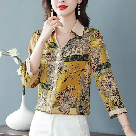 2023春秋新款九分袖真丝上衣洋气妈妈装女士大码时尚翻领宽松小衫商品大图