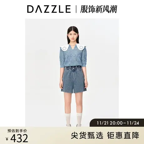 DAZZLE地素奥莱 春季高腰复古蓝色做旧牛仔短裤女图片