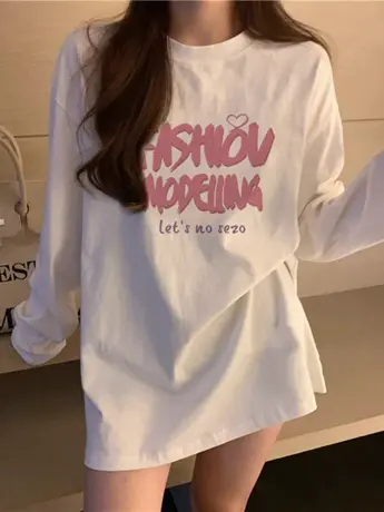 白色宽松中长款长袖t恤女秋冬2023新款内搭打底衫韩系chic薄上衣图片