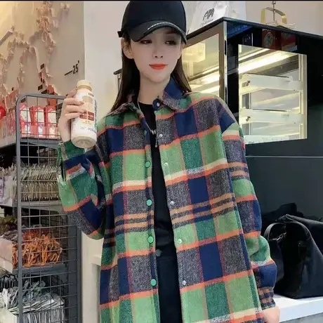 新款秋冬加绒加厚复古磨毛格子衬衫外套女宽松百搭休闲开衫ins潮图片