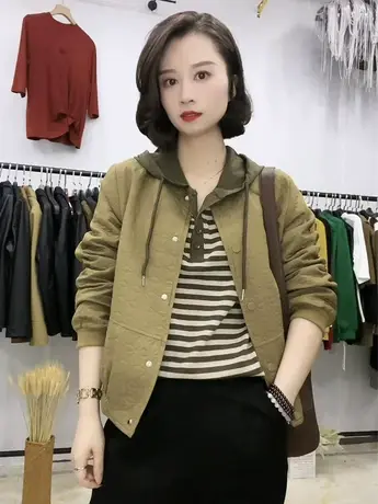 外套女秋季新款bf风韩版宽松纯色单排扣口袋短款外套女夹克棒球服商品大图