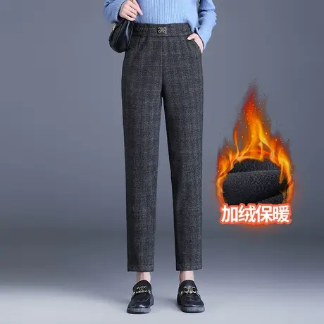 羊毛呢格子小脚裤女2023新款高腰中老年直筒哈伦裤显瘦通勤休闲裤商品大图