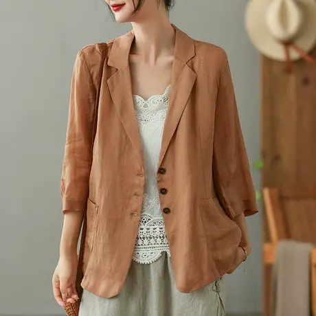 dza 复古苎麻短外套女2023夏季纯色西装外搭宽松显瘦棉麻开衫上衣图片