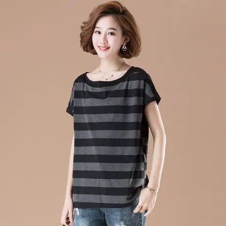 条纹短袖女T恤夏季加肥加大码女装宽松遮肚子显瘦中年妈妈体恤女商品大图