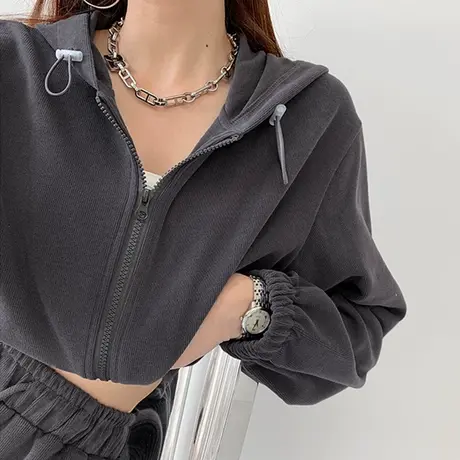 美式复古短款卫衣女2023春秋小个子宽松韩版连帽上衣薄款开衫外套商品大图