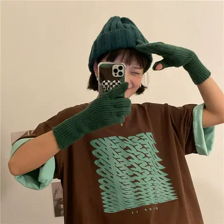 红续2023新款夏装韩版复古字母宽松慵懒风撞色纯棉短袖T恤女上衣图片