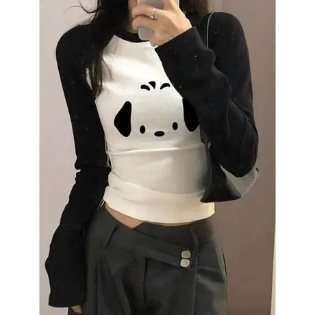 洋气减龄拼接长袖T恤女初秋韩版修身显瘦打底衫短款小个子上衣潮商品大图