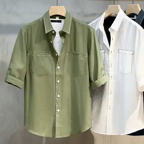 工装衬衫外套男夏季港风日系五分中半袖宽松短袖衬衣男士休闲上衣商品大图