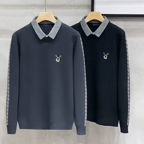 秋冬季毛衣男假两件小鹿刺绣保暖衣潮流线衣休闲外套宽松上衣男装商品大图