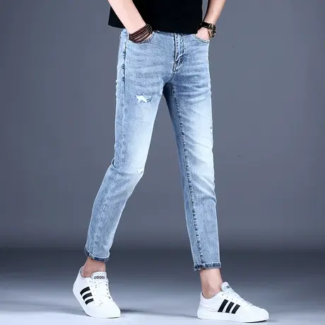 浅蓝色破洞九分牛仔裤男款秋冬薄款弹力9分裤子休闲2023韩版潮流图片