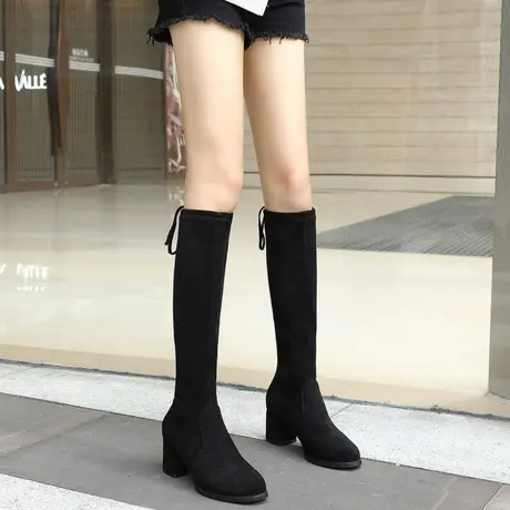 小个子长靴女不过膝靴子2023新款夏季薄款粗跟高跟高筒ins瘦瘦靴图片