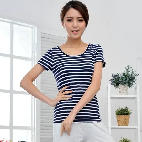 细横条纹短袖T恤 夏季新款海军风女装 修身大码海魂衫bra t商品大图