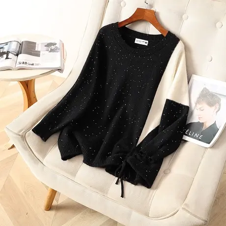 2024春季新款大码装毛衣女宽松显瘦胖mm烫钻拼色上衣复古针织衫潮商品大图