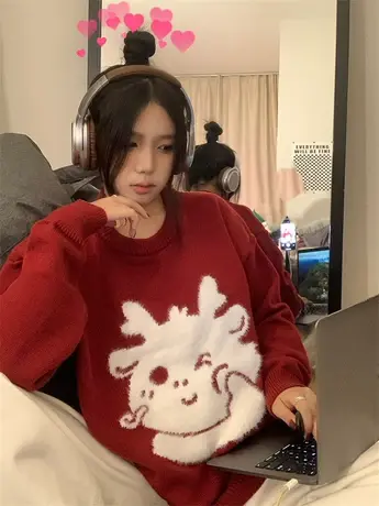 减龄红色毛衣女装时尚2024新款秋冬季属龙年本命年衣服过新年上衣商品大图