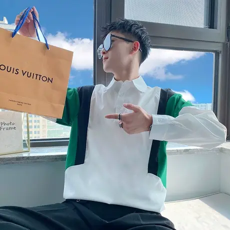 男士衬衫秋季拼色高街百搭宽松长袖衬衣ins韩版潮牌痞帅POLO衫商品大图