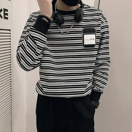 春秋季潮牌卫衣男条纹内搭上衣2023贴标设计感长袖T恤打底衫体恤商品大图