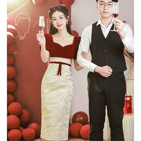 包臀敬酒服2023新款新娘红色礼服女夏季设计感晨袍修身订婚连衣裙商品大图
