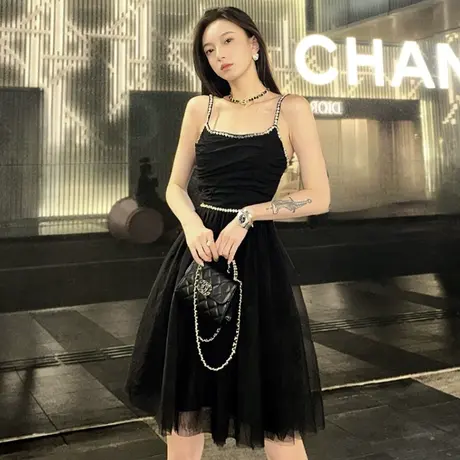 御姐风黑色宴会礼服裙轻奢小众高端法式高腰显瘦网纱吊带连衣裙女商品大图