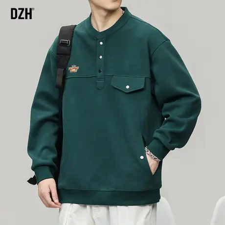男士亨利领卫衣男长袖打底衫2024年春季新款绿色上衣美式宽松外套商品大图