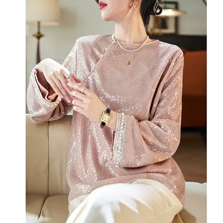 宝诗黎圆领钉珠中式雪纺衫2024春季新款设计感宽松休闲女装上衣图片