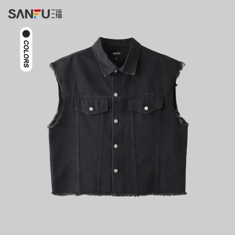 三福2024春季男士美式牛仔马甲 街头潮流翻领无袖外套男482292图片