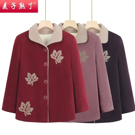 中老年人女奶奶装加绒印花外套2023冬季新款妈妈毛呢本命年棉袄服商品大图
