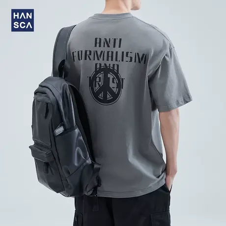 hansca 短袖t恤男纯棉宽松圆领2023夏季潮牌重磅休闲百搭半袖体恤商品大图
