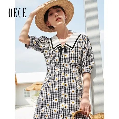 Oece夏装新款女装 清新复古学院撞色翻领泡泡袖连衣裙图片