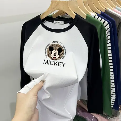 撞色米奇T恤女长袖薄款春秋季修身显瘦圆领纯棉打底上衣设计感图片